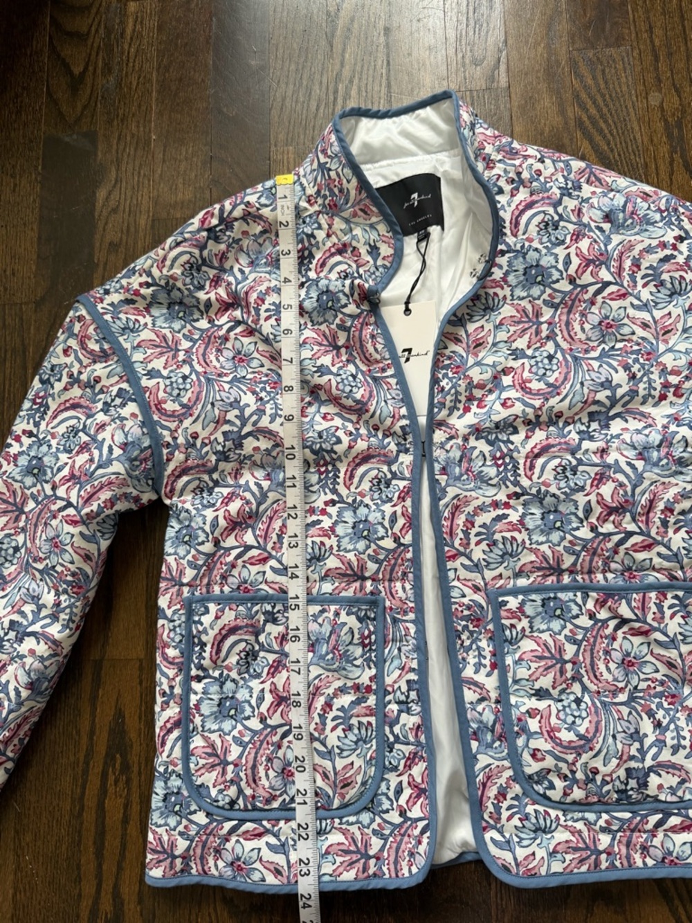 7 For All Mankind Quilted Floral Jacket in Blue and Pink - Picture 6 of 8